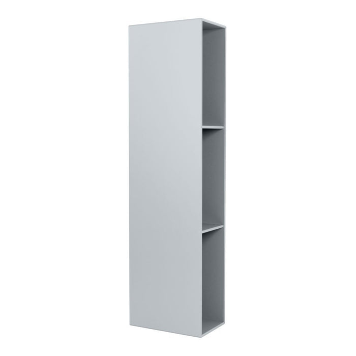 Sleek, tall bookshelf in a solid light gray finish with minimalistic design and no visible patterns.