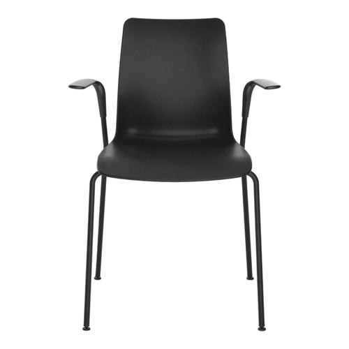 Sleek black chair with smooth surface and minimalist design, featuring matte finish and sturdy metal legs.