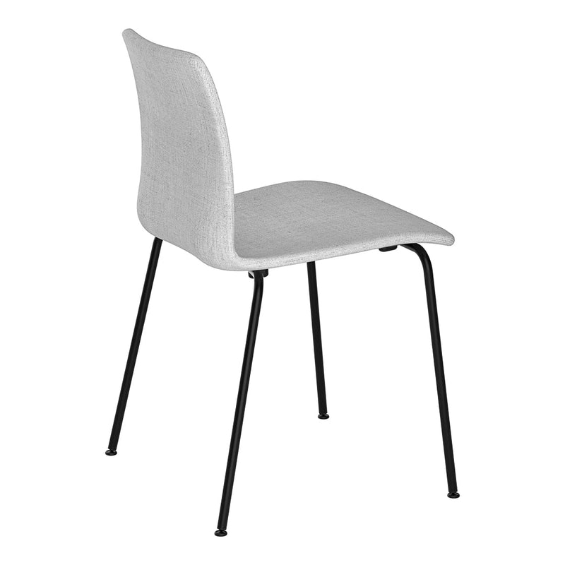 Light gray upholstered dining chair with a sleek black metal frame, showcasing a modern minimalist design.