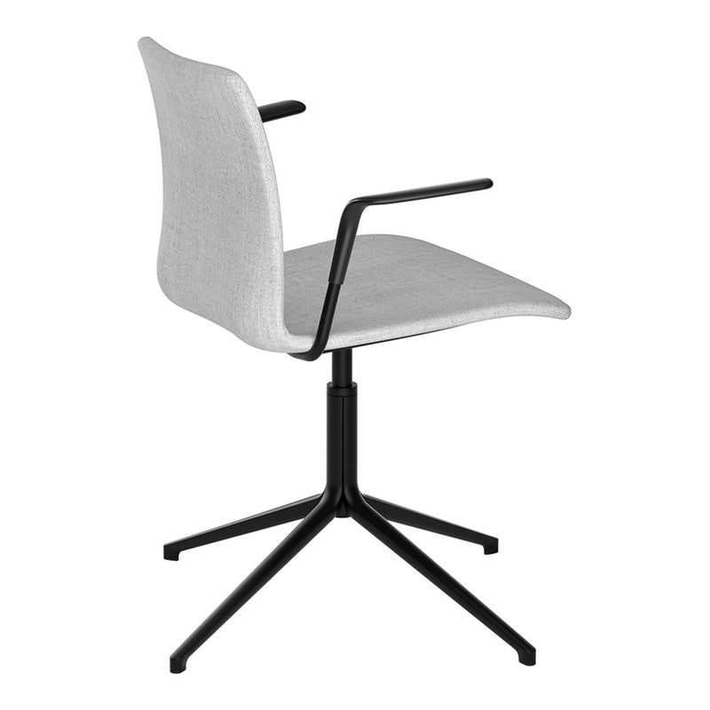 Gray upholstered chair with sleek black metal base and minimalist design. Ideal for modern decor.