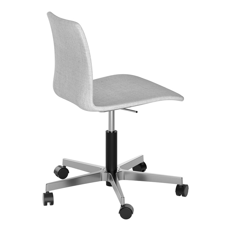 Gray upholstered office chair with a sleek design and five black rolling wheels. Ideal for modern workspaces.