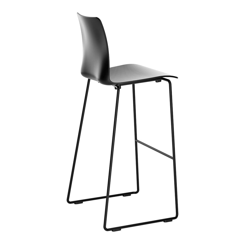 Sleek black bar stool with a minimalist design and smooth surface, featuring a modern metal frame.