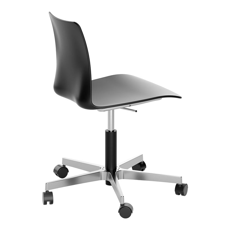 Black ergonomic office chair with a sleek design and smooth, curved patterns, mounted on a silver base with wheels.