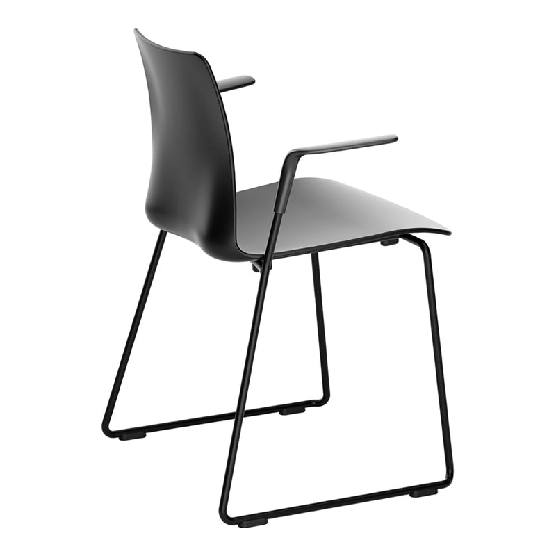 Modern black chair with sleek design, featuring a smooth matte finish and minimalist armrests, set on a sturdy black base.