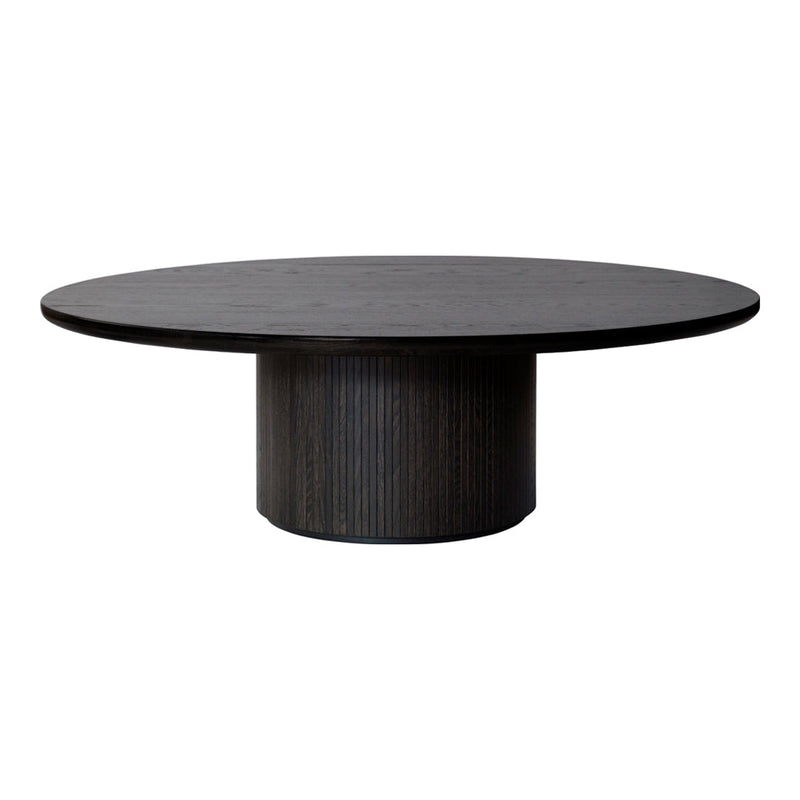 Round black coffee table with a textured cylindrical base and smooth top surface, perfect for modern decor.