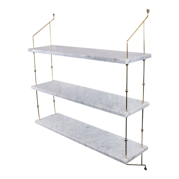 Three-tiered marble shelf with a sleek gray and white pattern, featuring elegant gold metal accents.
