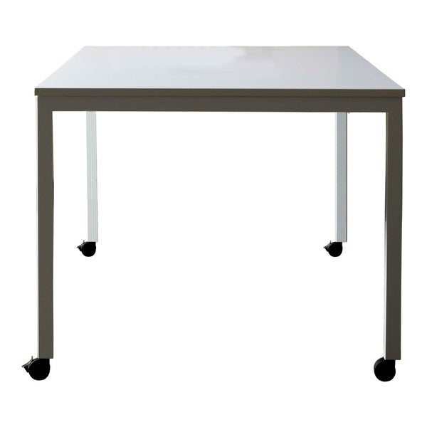 White tabletop with sleek gray legs and black wheels, featuring a minimalist design for modern spaces.
