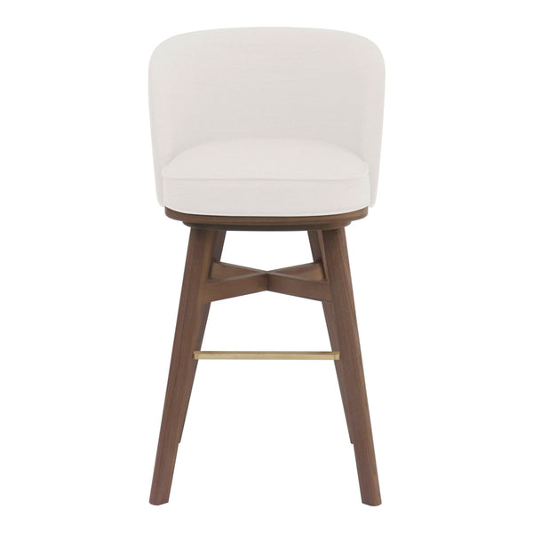 White upholstered bar stool with a wooden base and gold accent, featuring a sleek, modern design.