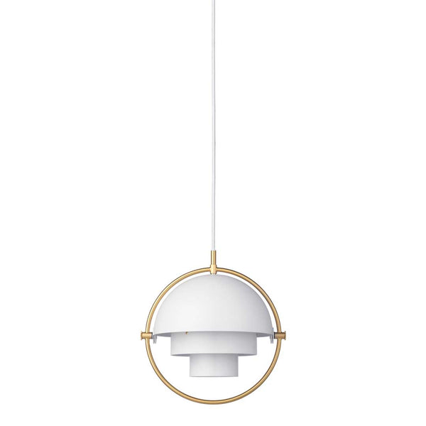 Modern pendant lamp featuring a white shade and a gold geometric ring design. Elegant and stylish lighting.