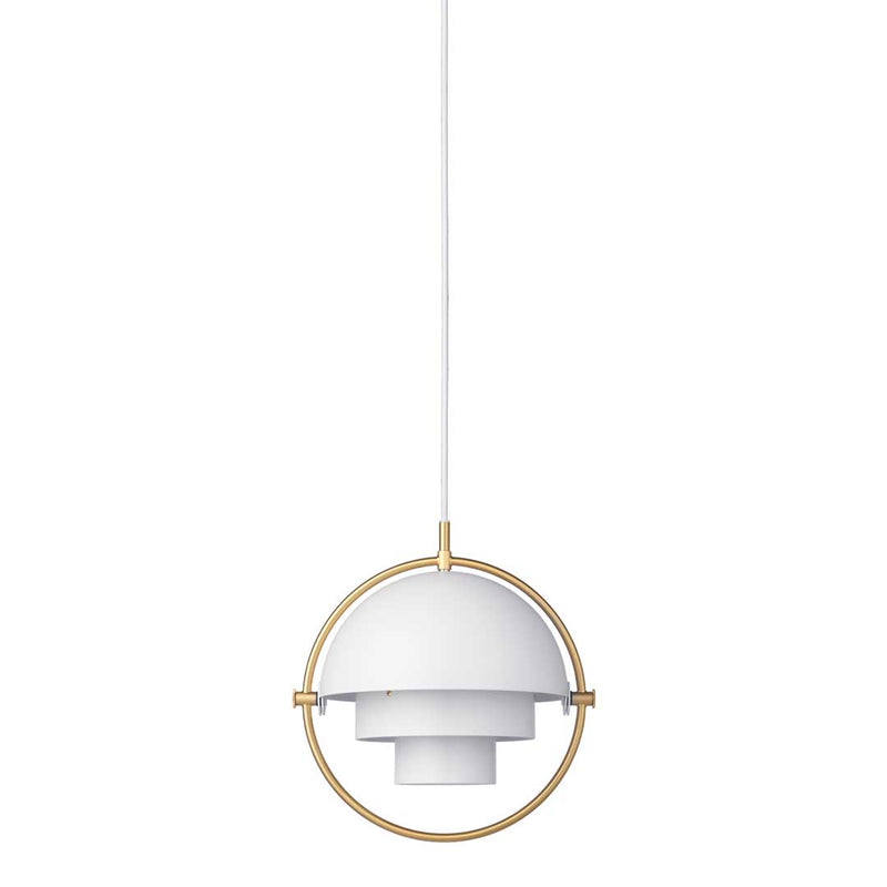 Modern pendant lamp featuring a white shade and a gold geometric ring design. Elegant and stylish lighting.