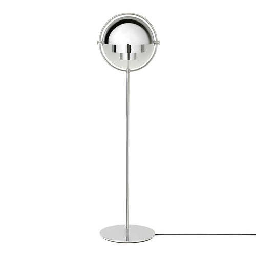 Sleek silver floor lamp with a round metallic shade and minimalist design. Perfect for modern decor.