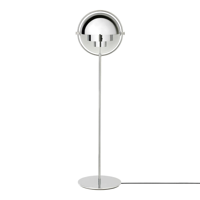 Sleek silver floor lamp with a round metallic shade and minimalist design. Perfect for modern decor.