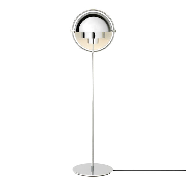 Silver and chrome floor lamp with a glossy spherical shade and sleek, modern design. Ideal for contemporary decor.