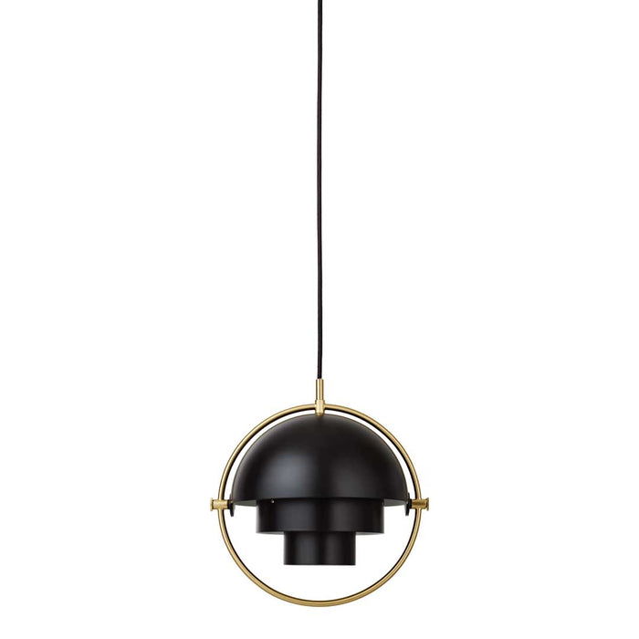 Black and gold pendant lamp with a sleek, modern design, featuring a circular golden ring and matte black finish.