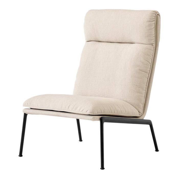 Beige upholstered chair with a modern design and black metal legs, featuring a simple, clean pattern.