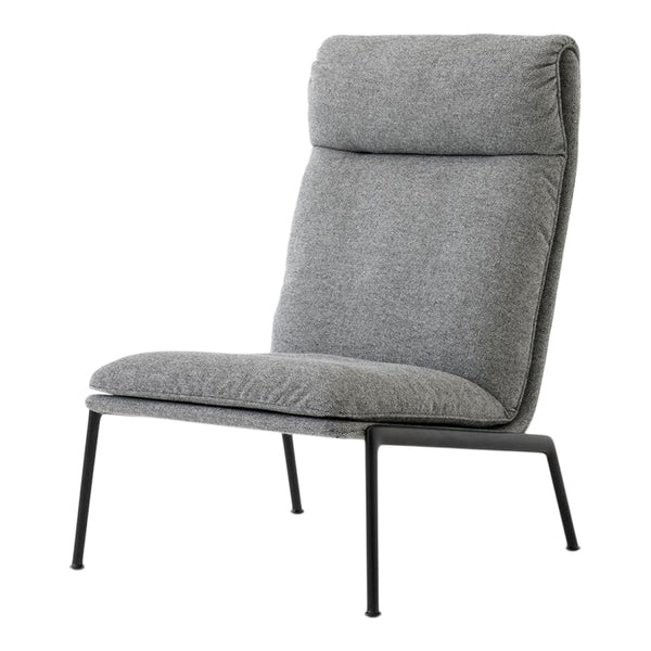 Gray upholstered chair with plush cushions and a minimalist black metal frame. Perfect blend of modern design and comfort.