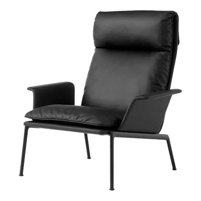 Black leather armchair with a sleek modern design and minimalist black metal frame.