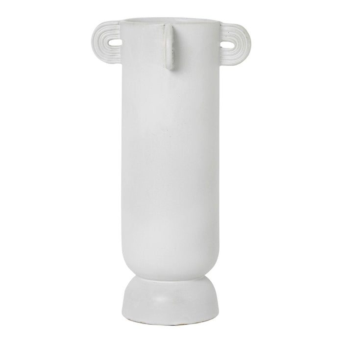 White ceramic vase with a smooth finish and unique handle design, perfect for modern decor.