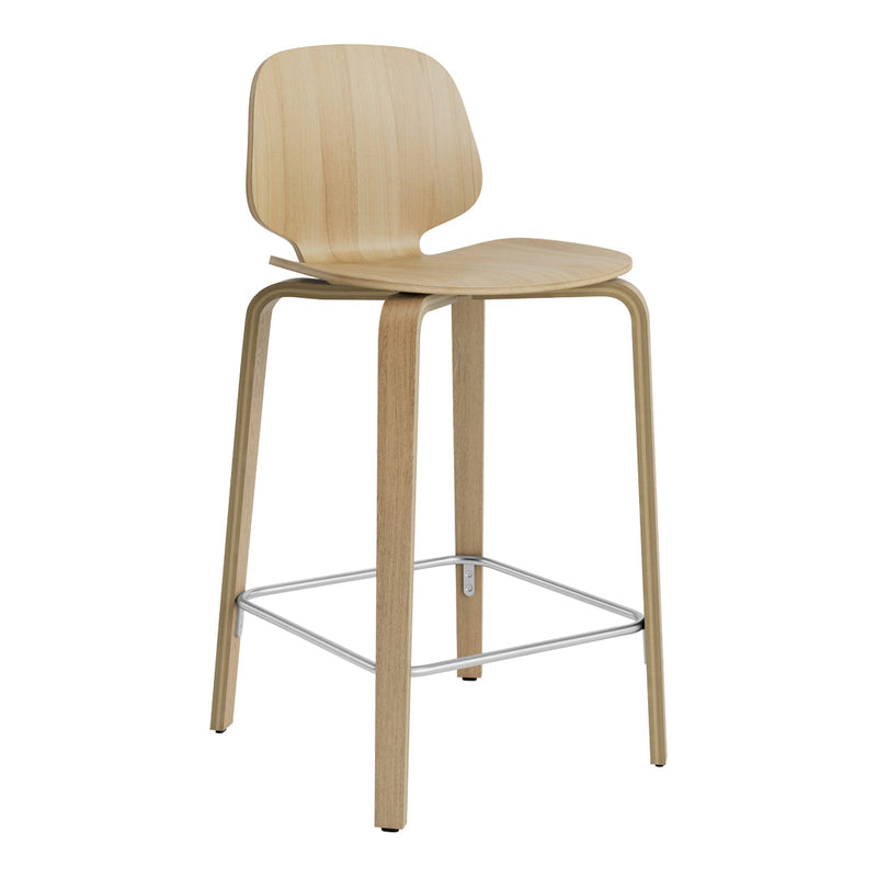 Natural light wood bar stool with a smooth finish and minimalist design. Features a sleek chrome footrest.