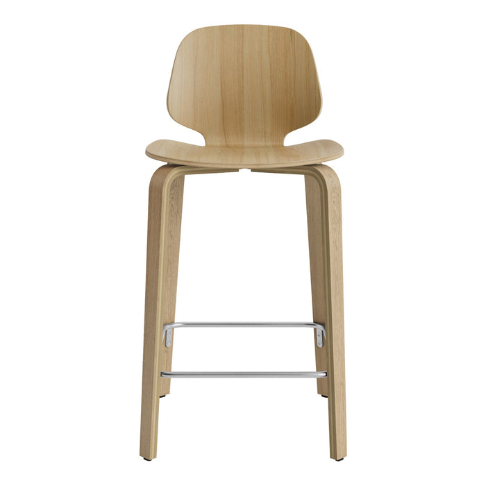 Light natural wood bar stool with a smooth, minimalist design and metal footrest. Ideal for modern decor.