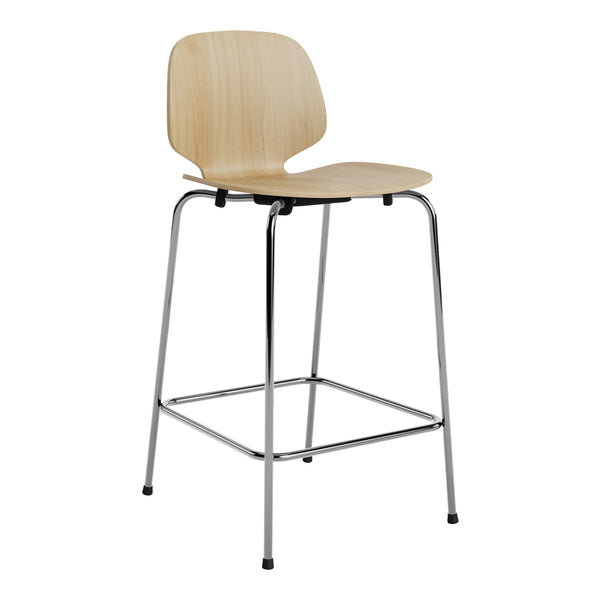 Light wooden bar stool with a smooth natural finish and chrome legs, showcasing a minimalist design.