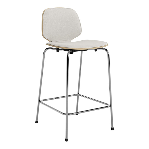 Light grey upholstered bar stool with a sleek chrome frame and minimalist design, perfect for modern decor.