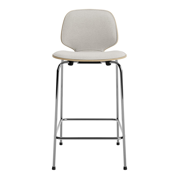 Light gray mesh chair with a wooden seat and chrome legs, featuring a minimalist design. Perfect for modern spaces.