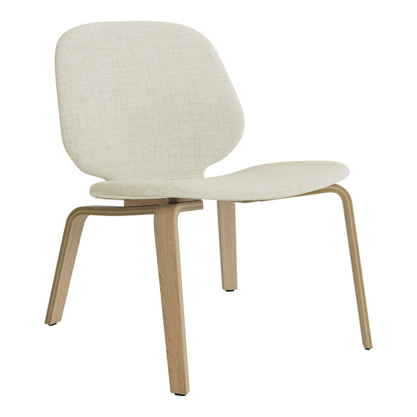 Light cream upholstered chair with a smooth, minimalist design and natural wood legs. Perfect for modern decor.