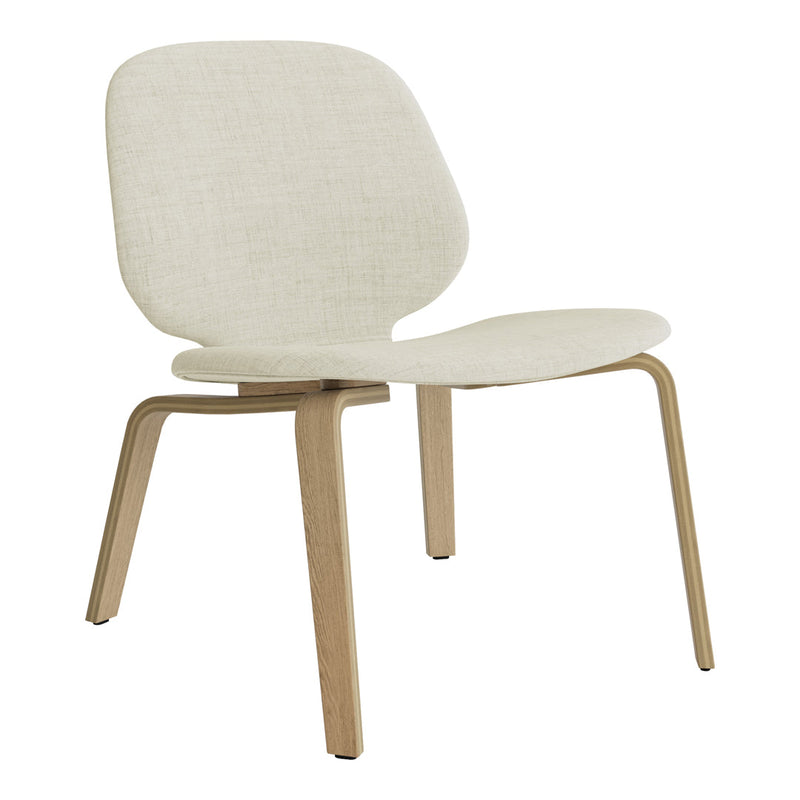 Light cream upholstered chair with a smooth, minimalist design and natural wood legs. Perfect for modern decor.
