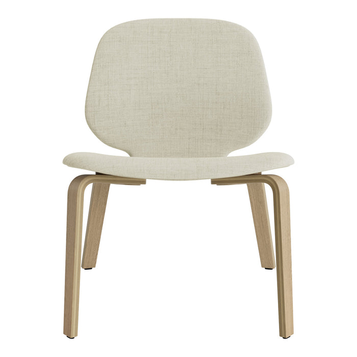 Light beige chair with a simple, modern design and natural wood legs, featuring a smooth fabric texture.