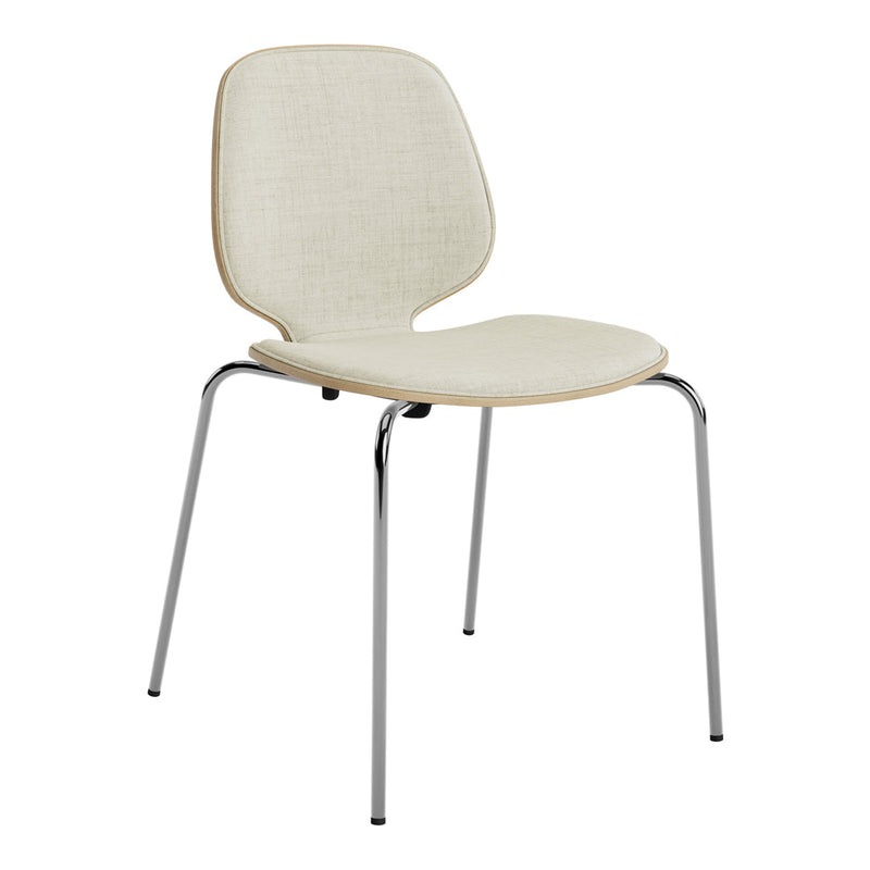 Minimalist beige chair with a textured seat and smooth chrome legs, perfect for modern interiors.
