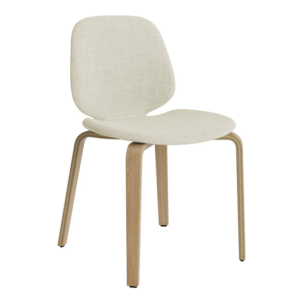 Elegant beige chair with a soft texture and natural wood legs, perfect for modern interiors.