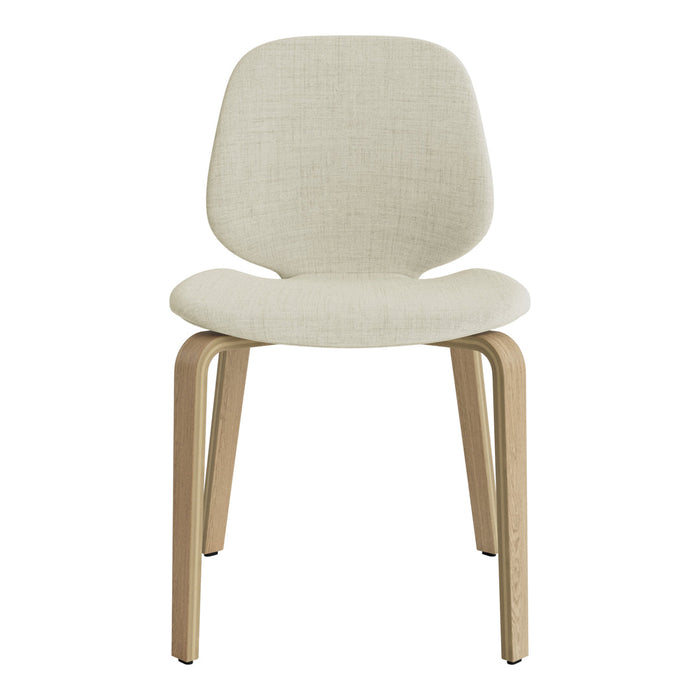 Beige linen chair with smooth curves and light wood legs, featuring a minimalist design for versatile decor.