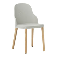 Light gray plastic chair with natural wood legs, featuring a sleek, minimalist design and smooth contours.