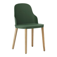 Green plastic chair with a smooth finish and light wooden legs, perfect for modern decor.