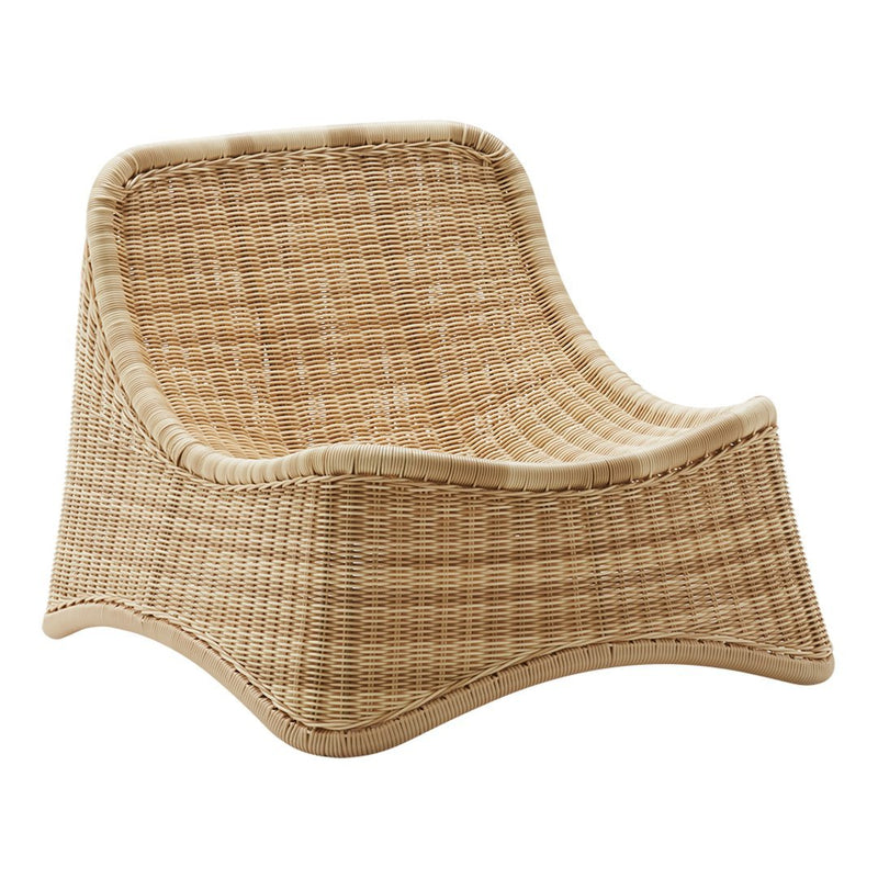 Light beige wicker chair with a smooth, curved design and subtle checkerboard pattern, perfect for modern decor.