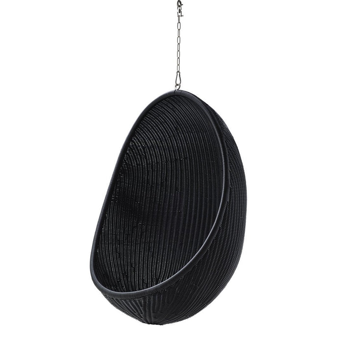 Black hanging basket with a sleek, curved design and a textured ribbed pattern for modern decor.