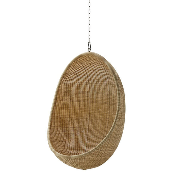 Hanging wicker basket in natural tan color with a smooth oval shape and textured woven pattern. Ideal for decor.