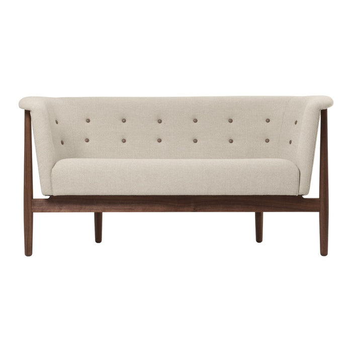 Beige tufted upholstery sofa with a walnut wooden frame and legs, featuring a minimalist design.
