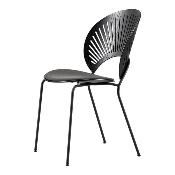 Black metal chair with a sleek, curved backrest featuring a modern slatted pattern. Perfect for stylish interiors.