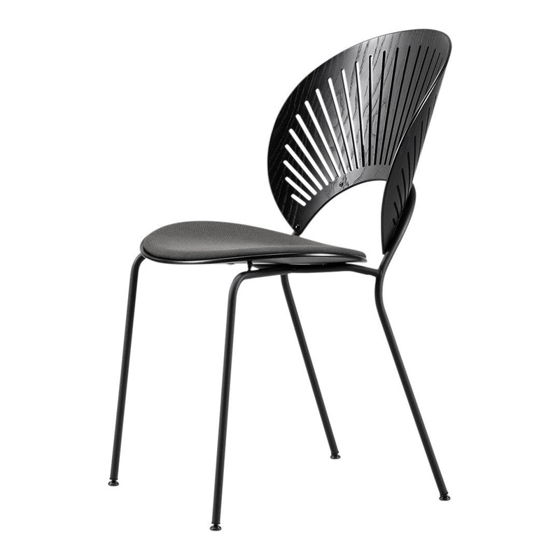 Black metal chair with a sleek, curved backrest featuring a modern slatted pattern. Perfect for stylish interiors.