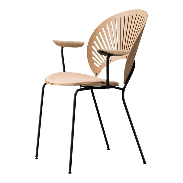 Light wood dining chair with a slatted backrest and black metal legs, featuring a modern, minimalist design.