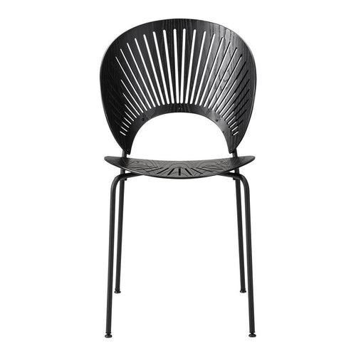 Black chair with a sleek design featuring vertical slat patterns for modern style and sophistication.