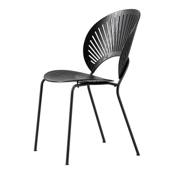 Black chair with a sleek, slatted backrest and minimalist design, ideal for modern decor.