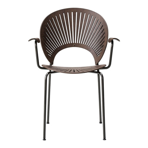 Brown slatted chair with a sleek black metal frame, showcasing a modern, minimalist design. Perfect for contemporary spaces.
