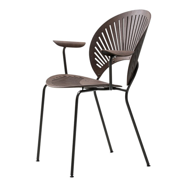 Dark brown chair with a slatted pattern, featuring a sleek metal frame for a modern look. Ideal for contemporary spaces.