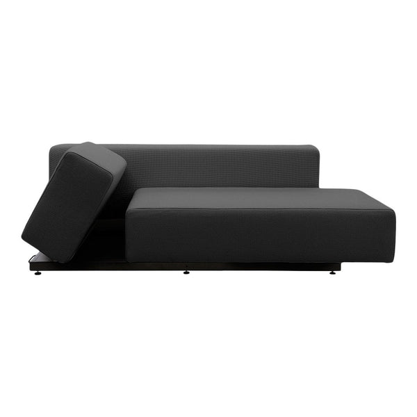 Sleek black sofa with minimalistic design, featuring solid color and modern geometric shapes. Perfect for contemporary spaces.