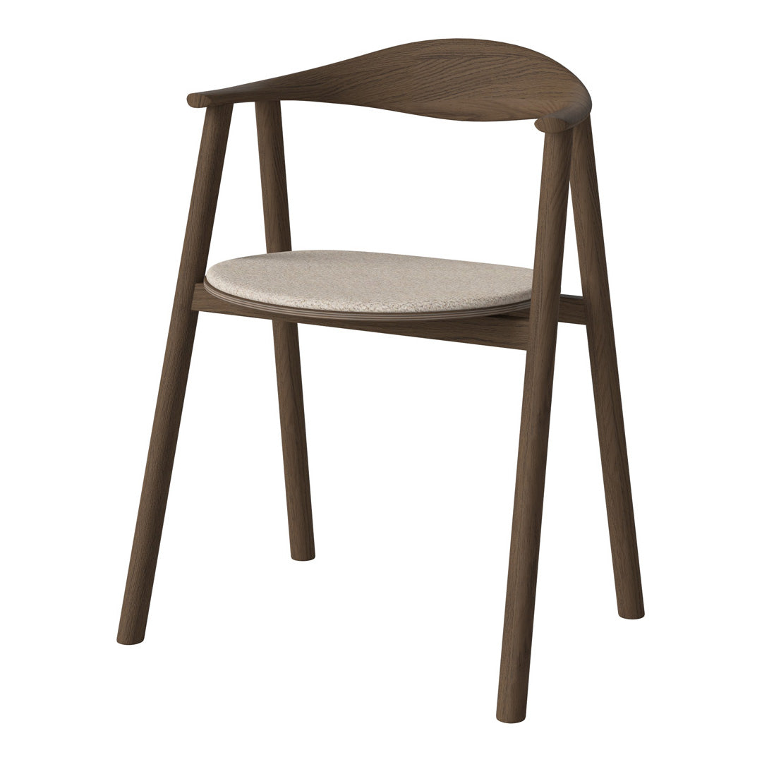 Wooden chair in rich brown with a light beige fabric seat, featuring a sleek, modern design.
