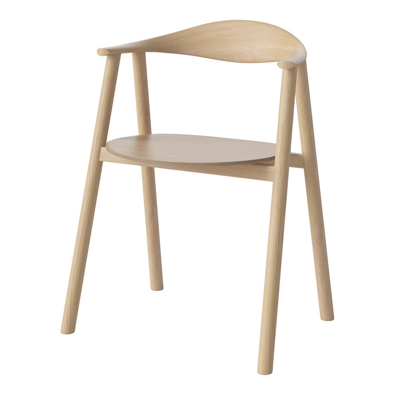 Light natural wood chair with a smooth finish and minimalist design, featuring curved backrest and simple lines.