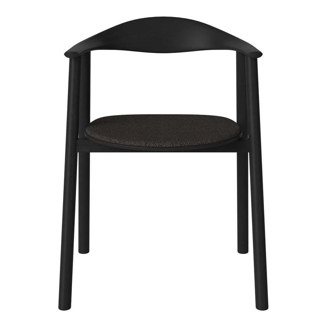 Black wooden chair with a smooth finish and a dark woven seat, showcasing minimalist design and modern style.